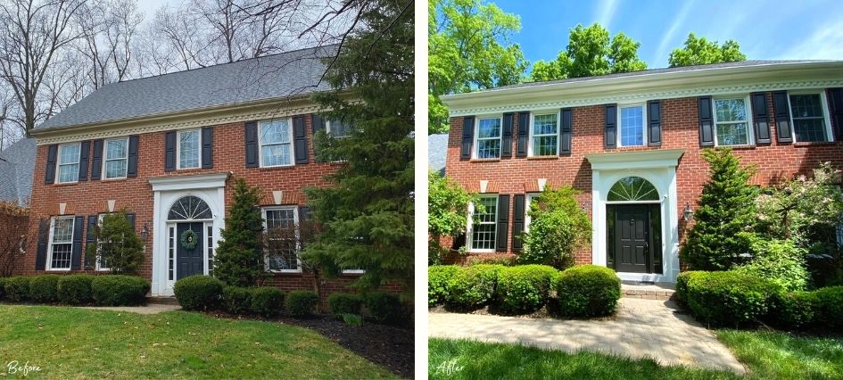 before and after picture of a red brick house