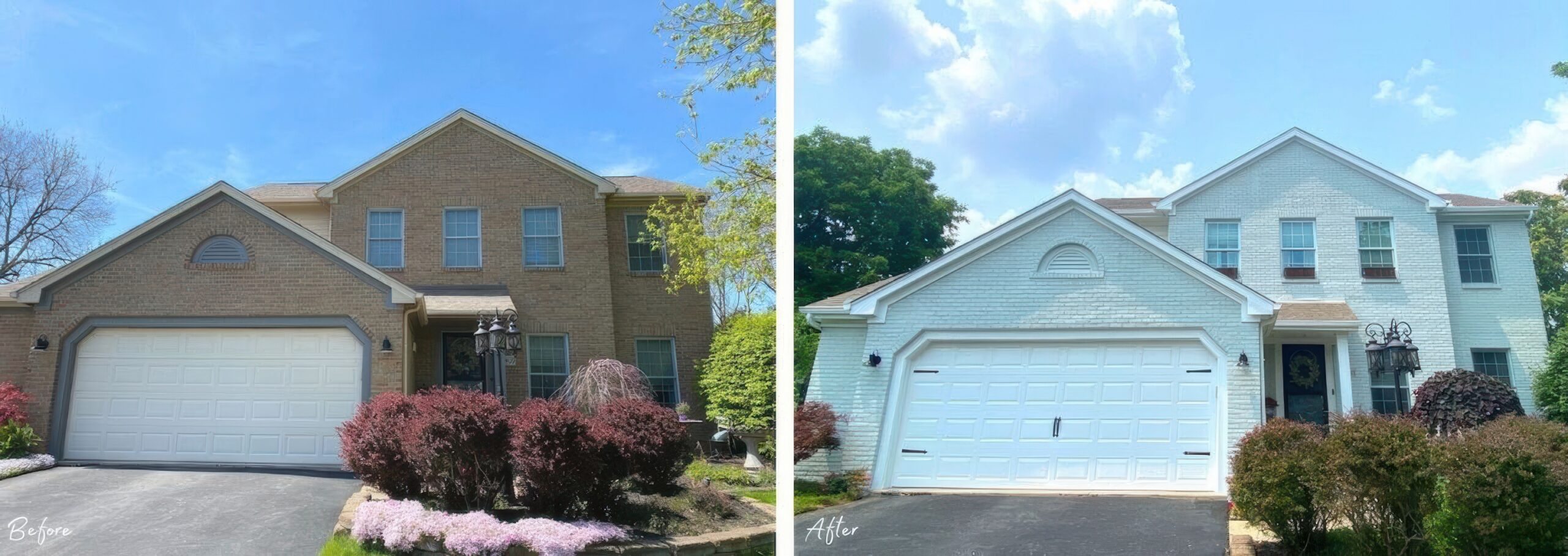 Before and after picture of an exterior house painting project