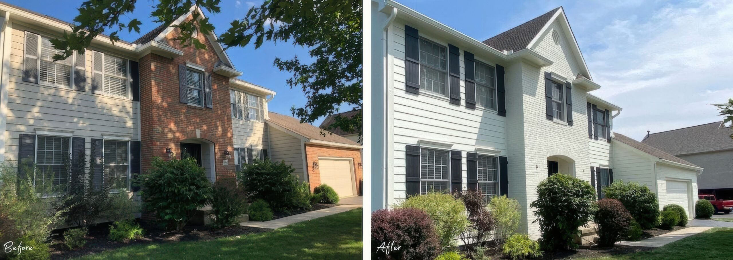 Before and after picture of an exterior house painting project